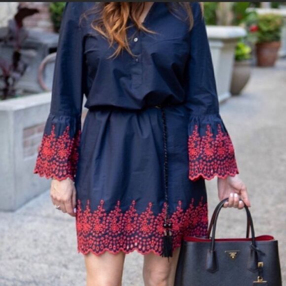 J. Crew Size XS Navy Blue & Red Eyelet Bell Sleeve Shift Dress - Picture 1 of 10